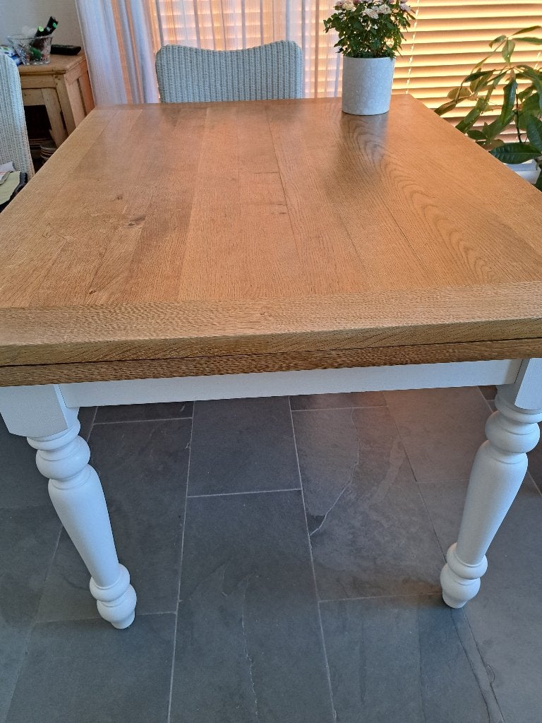 Tafel met verlengstukken. Blad eik. 90 cm B.  1m20 L, 100 à 150 cm, Quatre personnes, Landelijk, Enlèvement