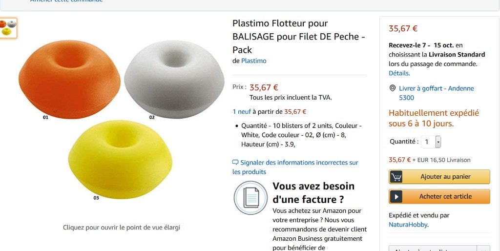 flotteurs, Enlèvement ou Envoi