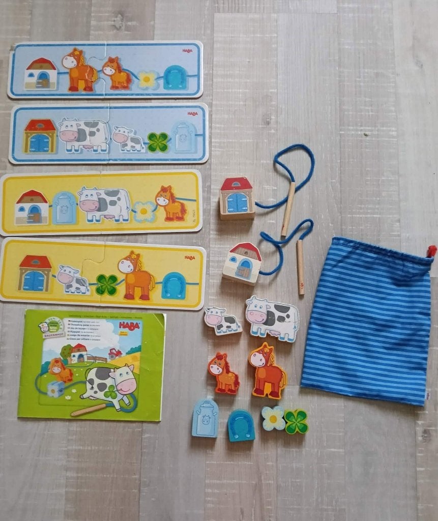 Haba rijgspel op de boerderij / speelgoed, Ophalen of Verzenden, Gebruikt, Puzzelen