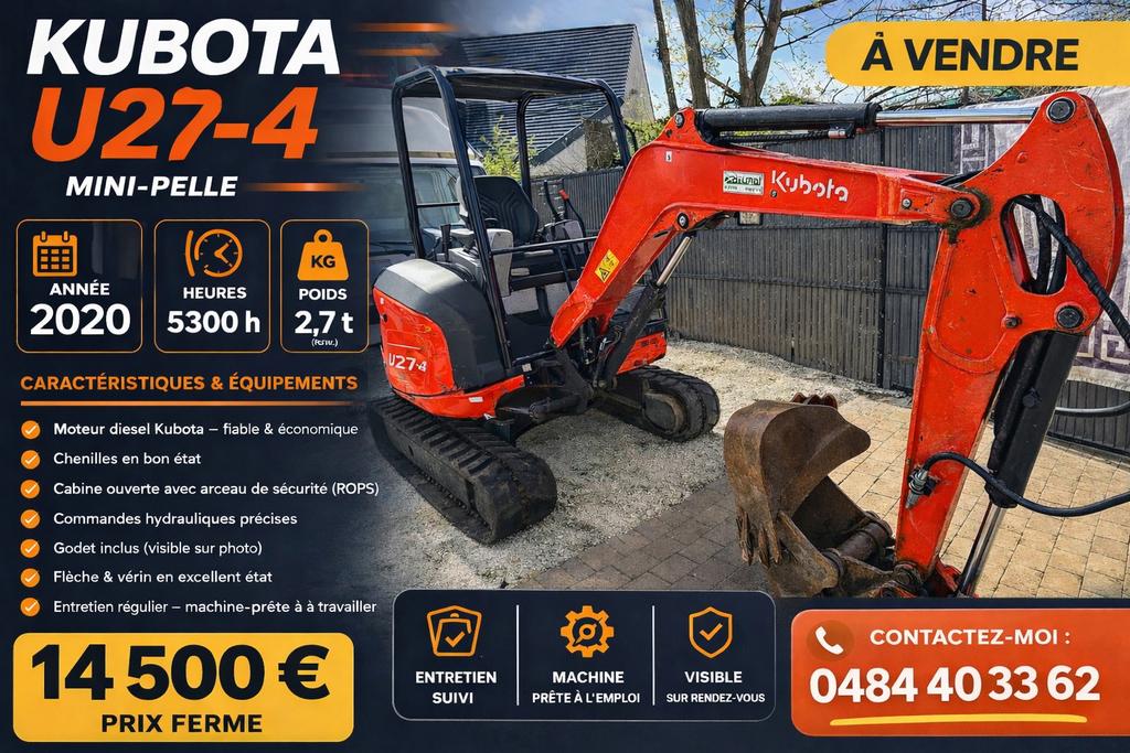 Pelleteuse kubota 27.4, Articles professionnels, Machines & Construction | Grues & Excavatrices, Enlèvement, Chargeuse-pelleteuse