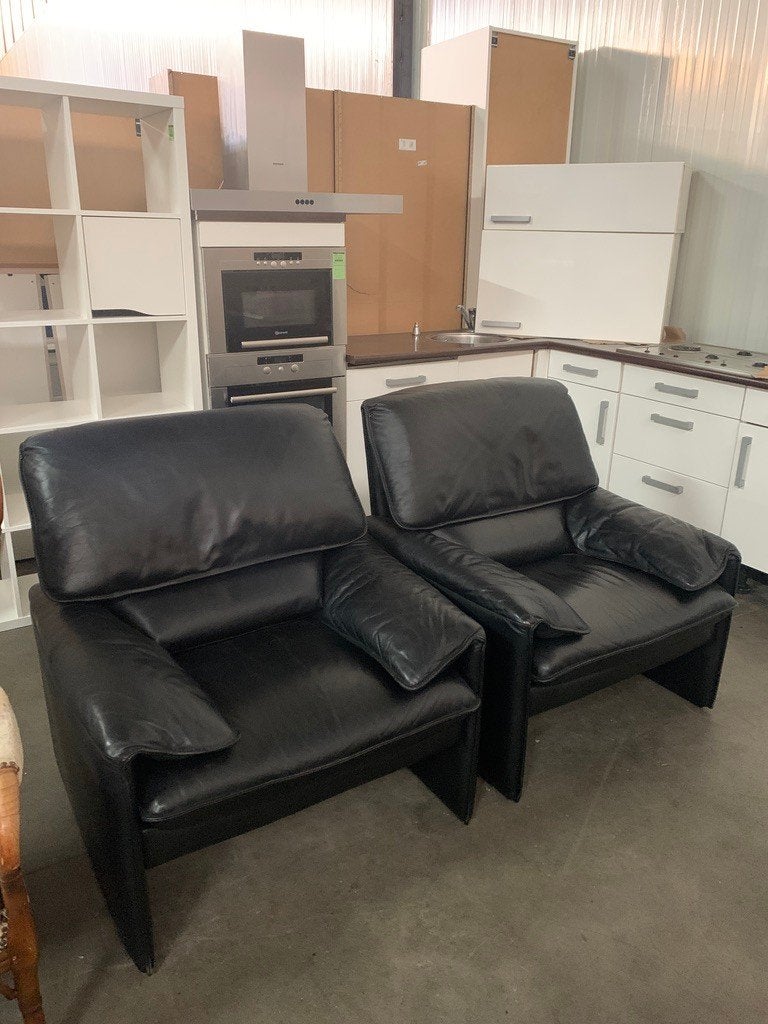 Zwarte leren fauteuil(s), Ophalen, Gebruikt, 75 tot 100 cm, Jaren 70 & 80 Vintage / Postmodern