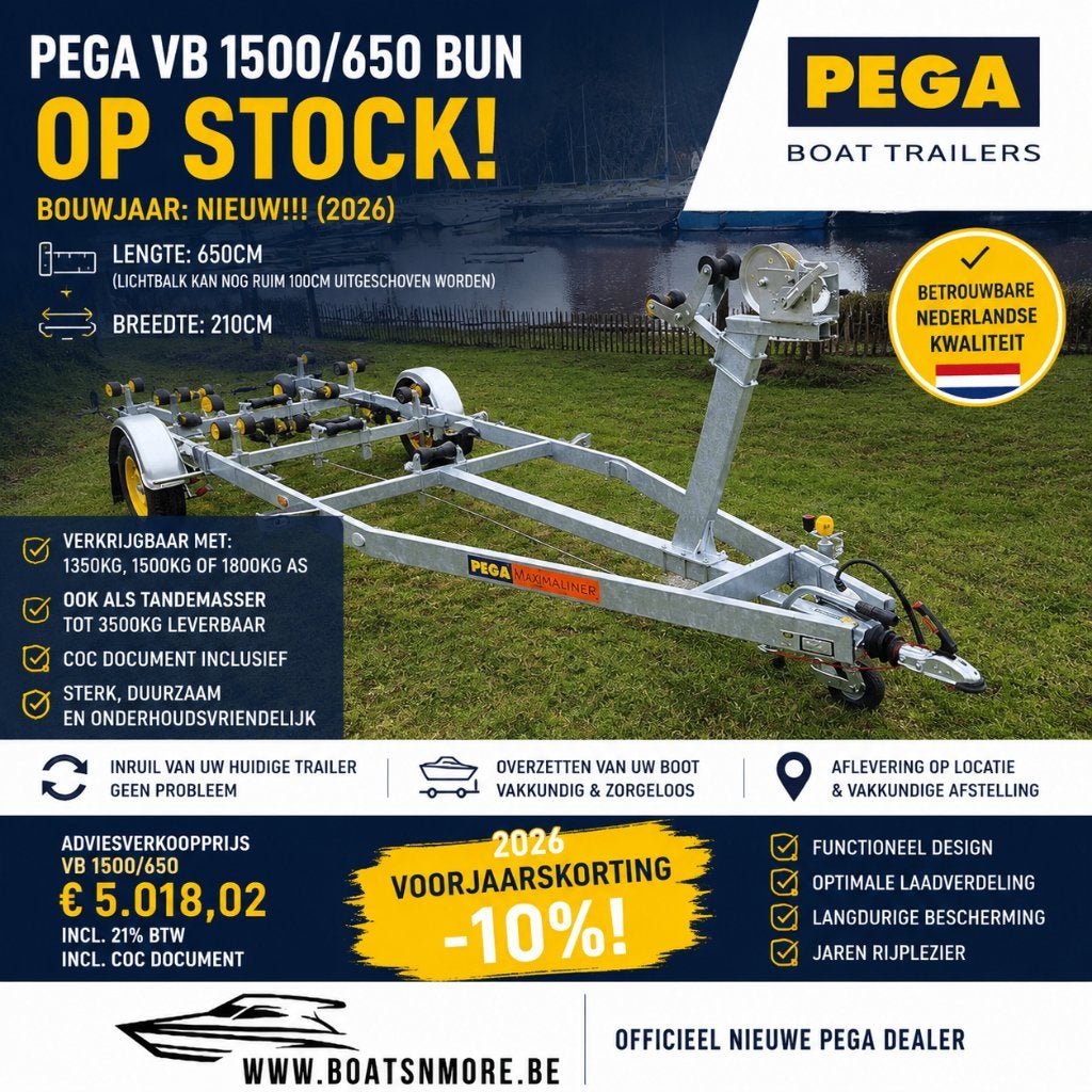 NIEUW !! Pega VB-liner 1500KG/6.5m *uit voorraad leverbaar*, Watersport en Boten, Boottrailers, Ophalen, Minder dan 1500 kg, Sloepentrailer