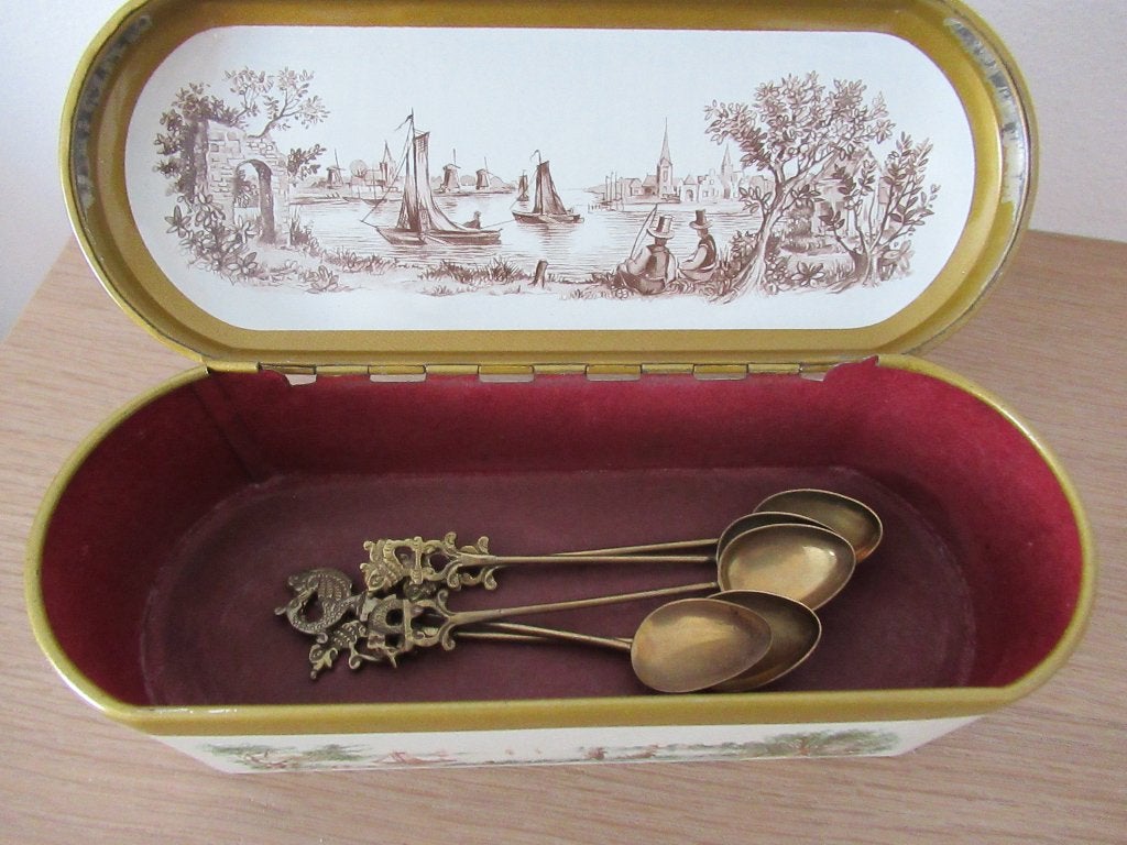 lepeldoos-DOUWE EGBERTS-1954-met oude lepeltjes-VINTAGE, Verzamelen, Ophalen of Verzenden, Koffie, Douwe Egberts