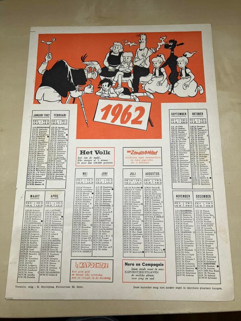 Vintage kalender 1962 van Jommeke Jef Nys 32,5 x 23,5 cm, Verzamelen, Ophalen of Verzenden