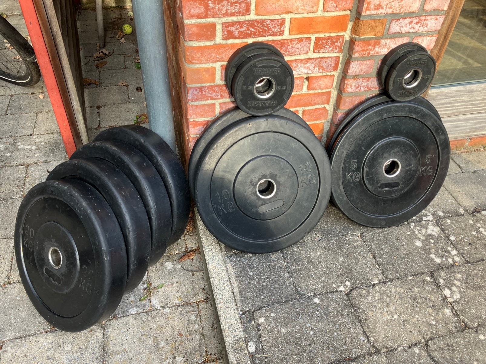 Bumperplates olympische gewichten 77,5kg (zie beschrijving), Sport en Fitness, Ophalen, Gebruikt
