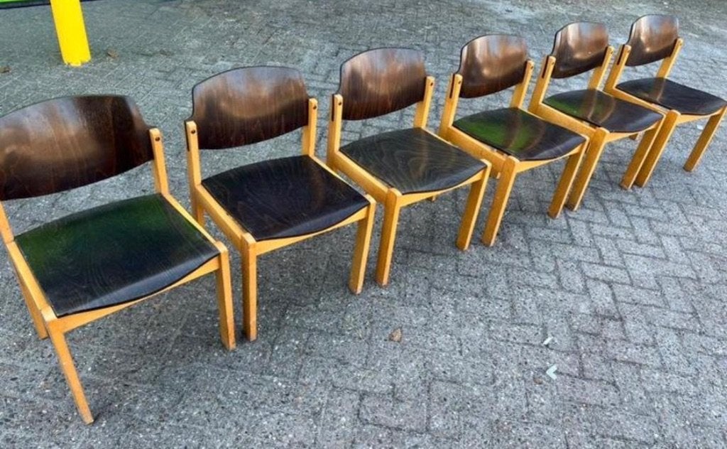 6 jaren 70 vintage/retro design stoelen, Ophalen, Gebruikt, Zwart, Vintage Retro