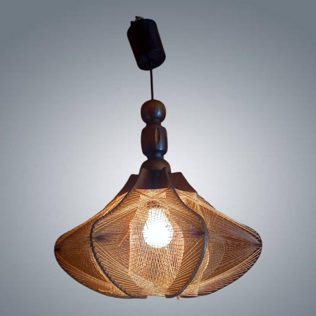 Lustre suspension Vintage Scandinave Bois, cordes 1960's, Enlèvement