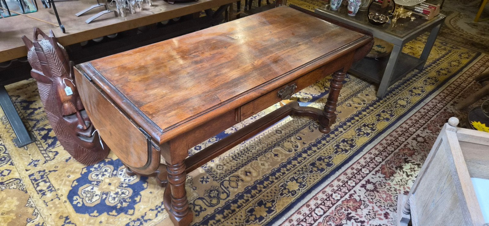 Vintage salontafel met 2 laden en uitklapbladen, Antiek en Kunst, Ophalen
