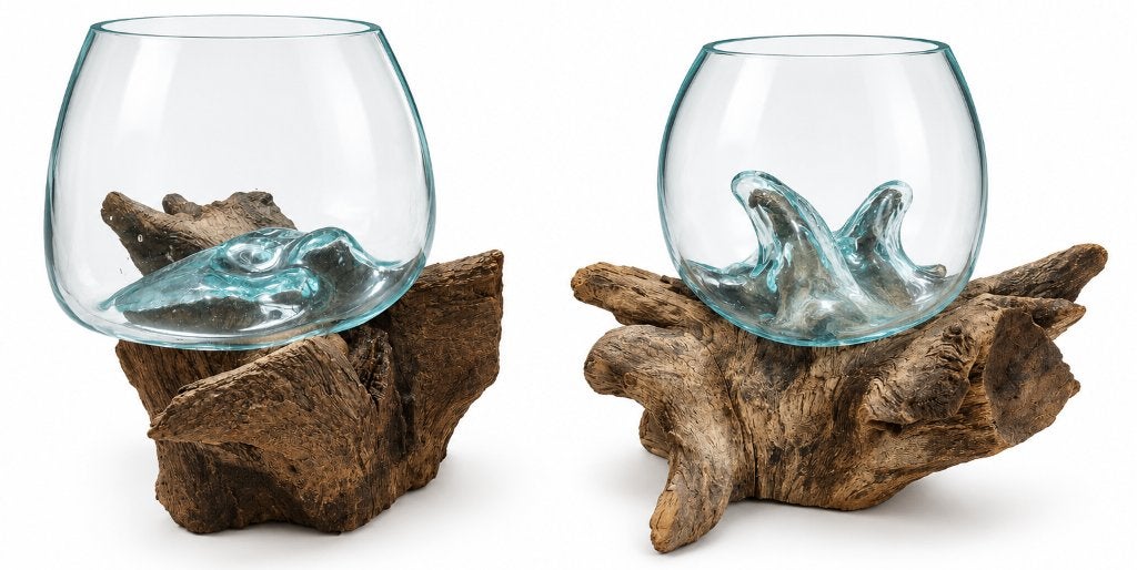 2x Decowood Glass : 2 vases en verre sur un tronc d'arbre, Maison & Meubles, Neuf, Transparent, Verre recyclé, Verre