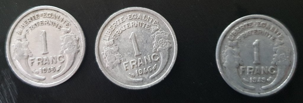 4 oude franse munten 1943-1945-1946-1949 van 1 franc, Ophalen of Verzenden, Frankrijk, Setje