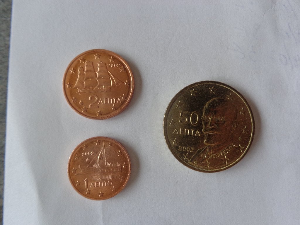 Munten van 1, 2 en 50 cent Griekenland 2002 met F in de ster, Ophalen, Griekenland