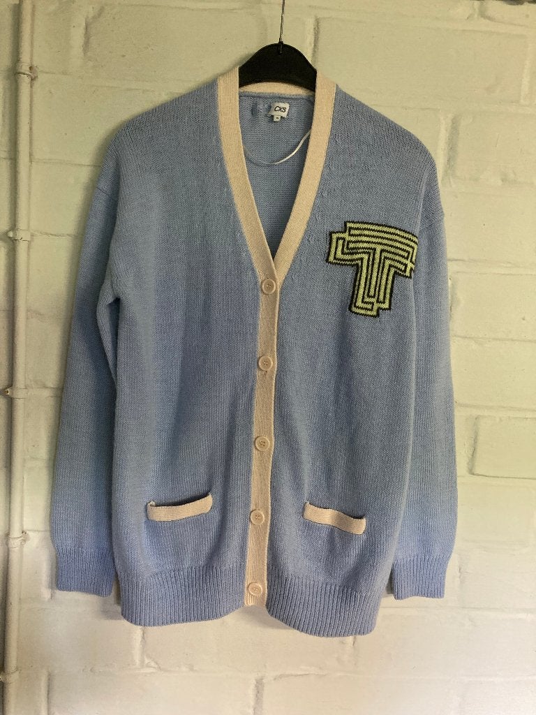 Blauwe cardigan afgebiesd met ecru, CKS, 176, 16 jaar, Kinderen en Baby's, Kinderkleding | Maat 176, Meisje, Ophalen of Verzenden