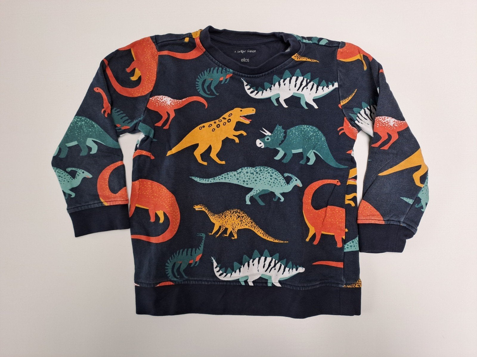 Mt 110-116 Donkerblauwe sweater met veelkleurige dino's, Gebruikt, Jongen of Meisje, Trui of Vest, Ophalen of Verzenden
