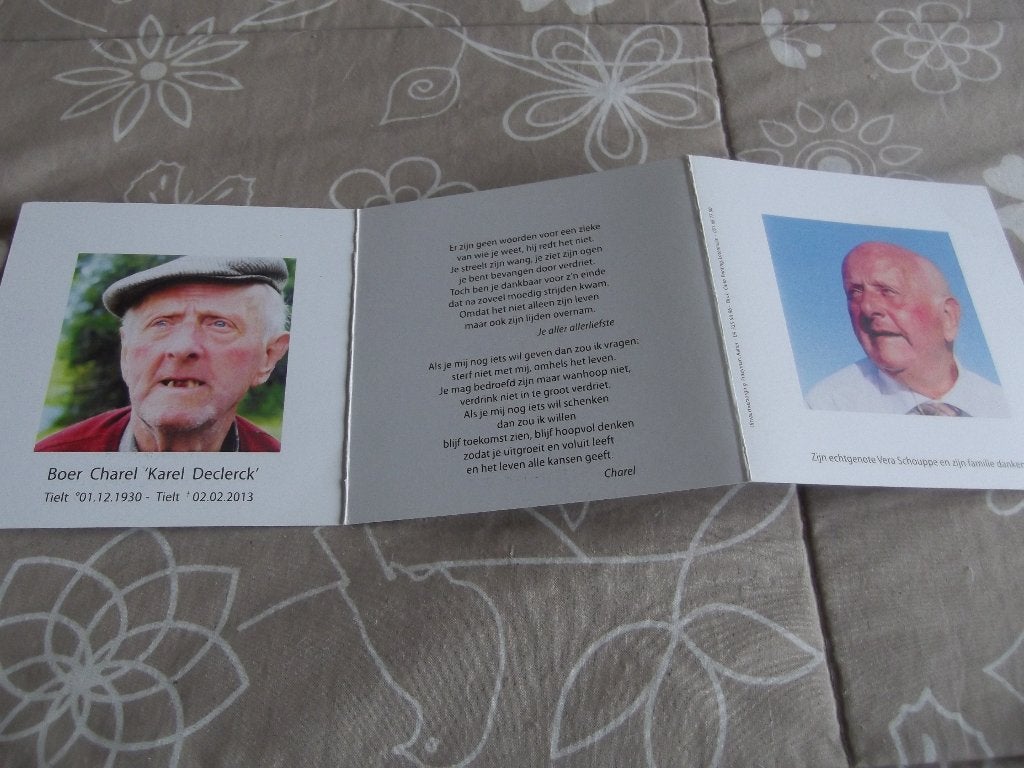 bidprentje Boer Charel (Karel Declerck), Verzamelen, Bidprentjes en Rouwkaarten, Ophalen of Verzenden, Bidprentje