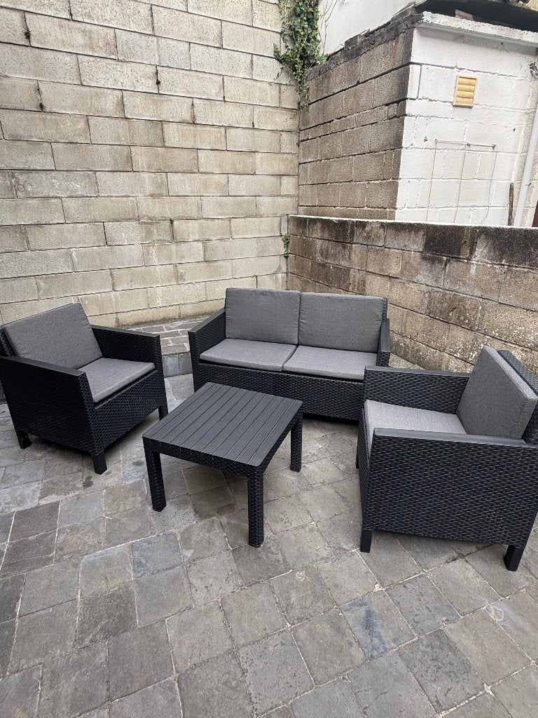 Salon de jardin 4 places + table basse + coussins, Tuin en Terras, Ophalen, 4 zitplaatsen, Gebruikt, Rotan