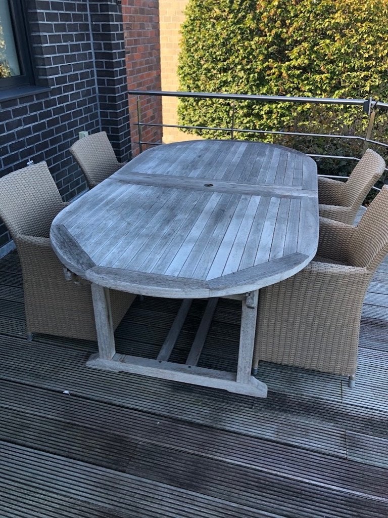 Degelijke tuin/terrastafel in hout ., Ophalen, Zo goed als nieuw, Rechthoekig, Hout