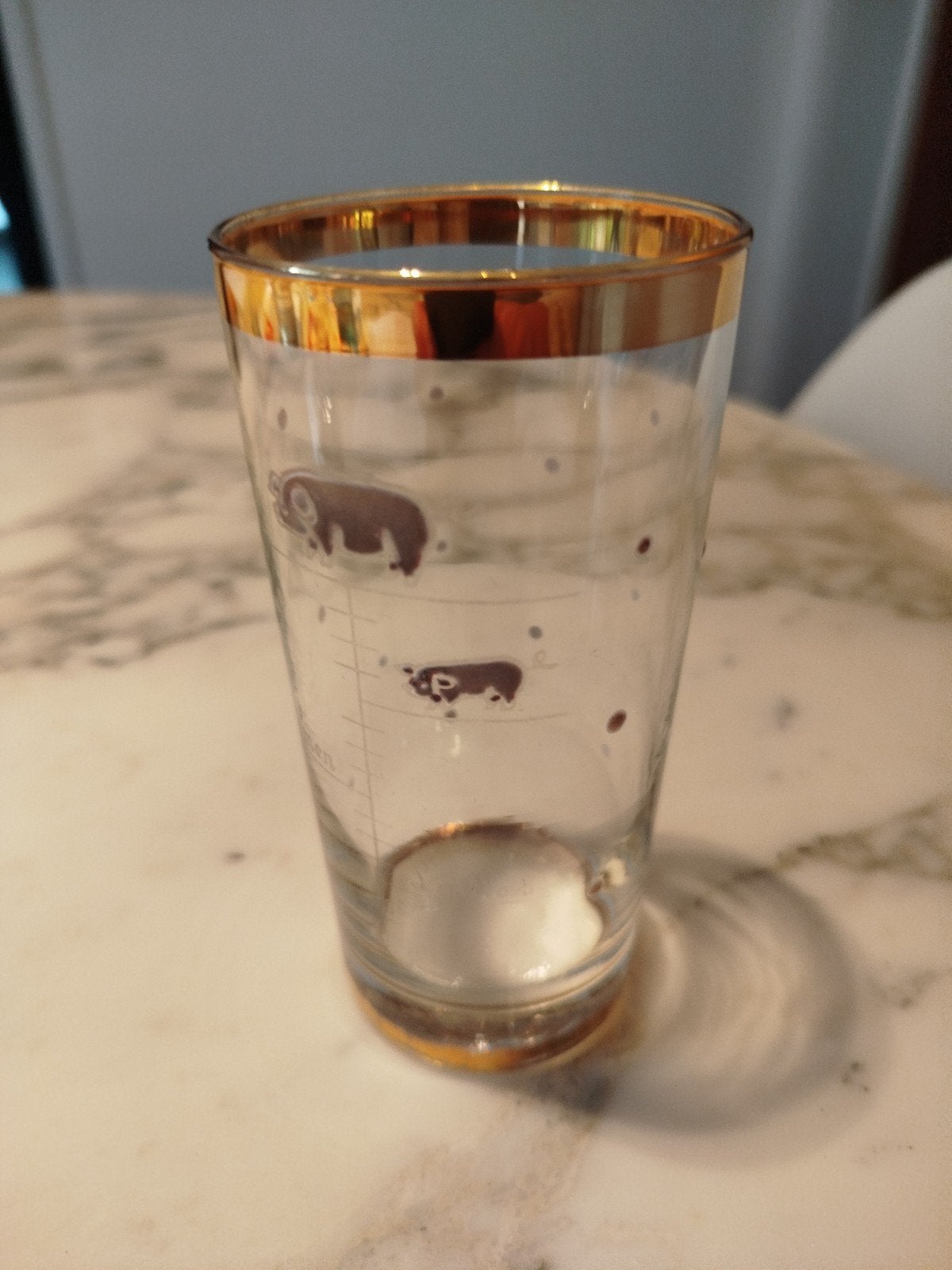 Vintage glazen, humoristische maatbeker met gouden randen, Ophalen of Verzenden