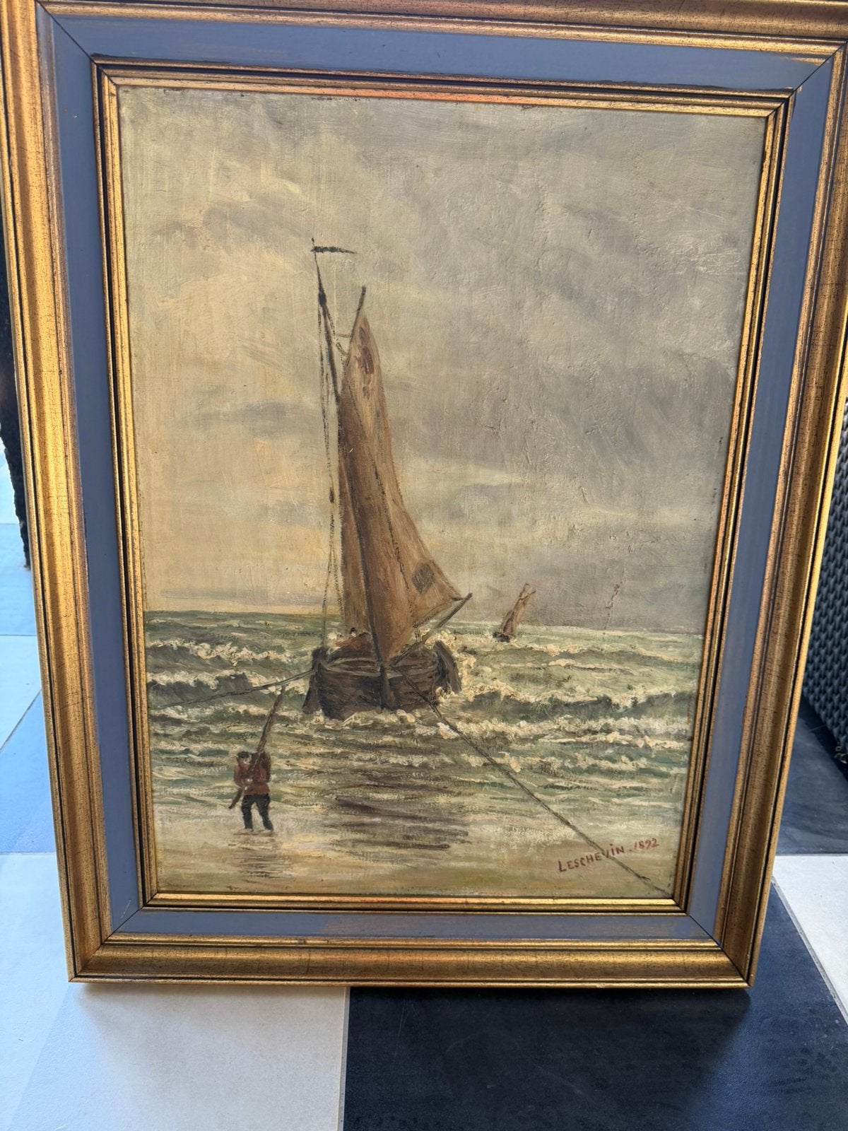 Tableau voilier en’mer vendu avec cadre datant de 1892, Antiquités & Art, Peinture à l'huile, Signé, Enlèvement, Maritime / eau