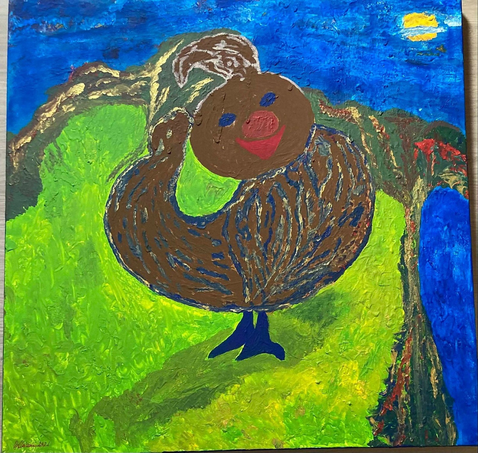 « Kurczak Indygo » (oiseau indigo/poulet indigo), Antiquités & Art, Art | Peinture | Moderne, Paysage, Enlèvement