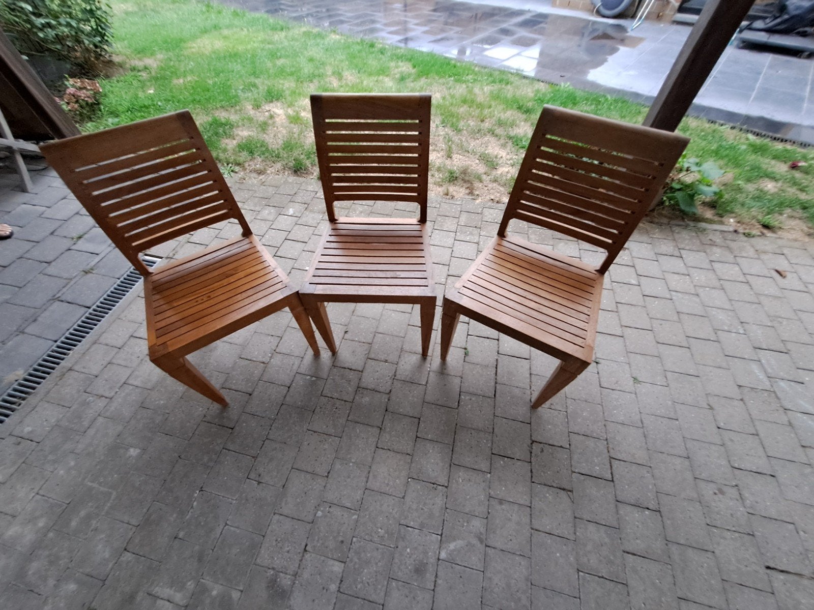 3 houten stoel in teak, Huis en Inrichting, Stoelen, Ophalen, Zo goed als nieuw, Bruin, Hout