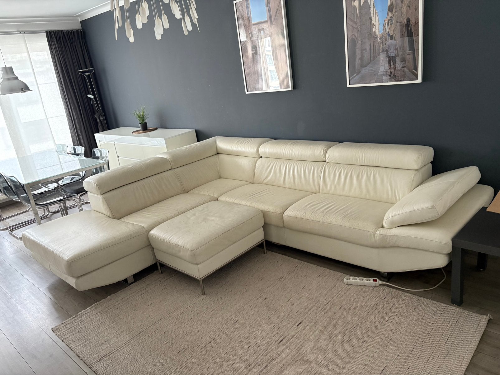 Witte lederen hoekzetel + poef, Ophalen, Gebruikt, Leer, Modern
