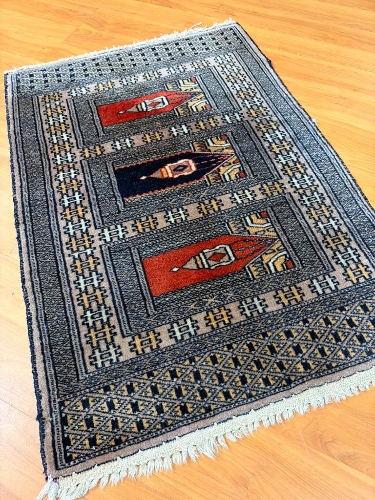 Vintage Perzisch kleedje taupe blauw roestbruin 90/61, Antiek en Kunst, Ophalen of Verzenden