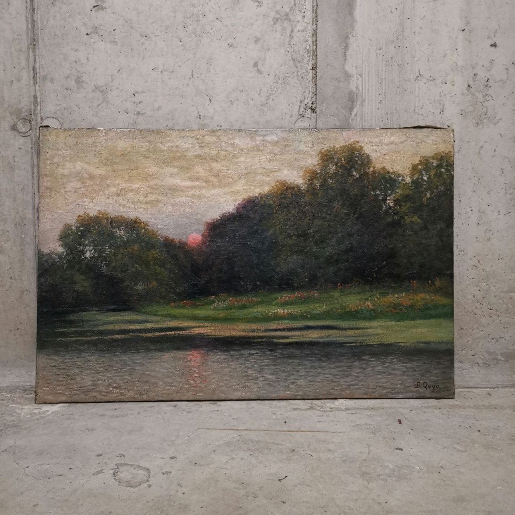 Soirée d'été sur la Lys (vers 1905) - Daniel Quyo, Peinture à l'huile, Paysage, Signé, Enlèvement