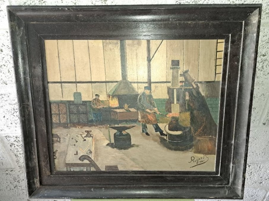 huile sur panneau forgeron signe Rogier M 1961, Enlèvement ou Envoi, Panneau