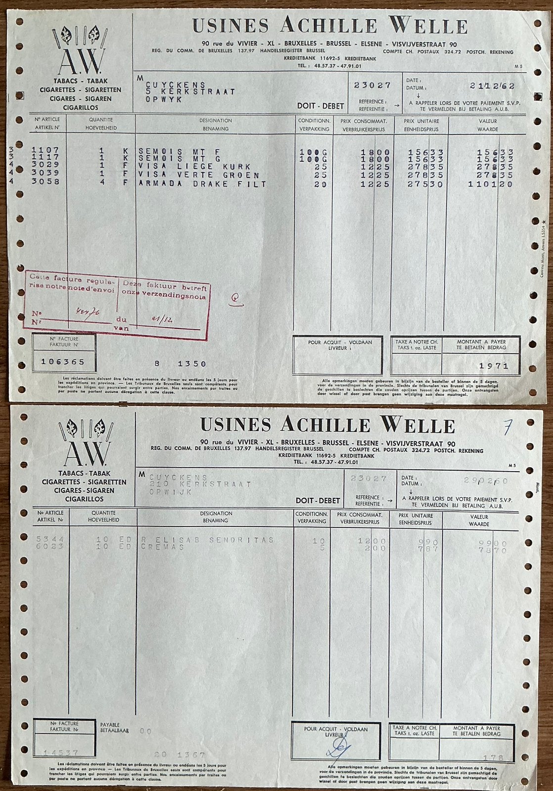 Oude ACHILLE WELLE TABAK facturen/jaren 60, Verzamelen, Ophalen of Verzenden, Zo goed als nieuw, Overige typen