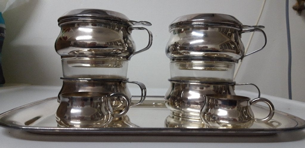 Ensemble ancien tasses de café en métal argenté avec filtre, Antiquités & Art, Enlèvement