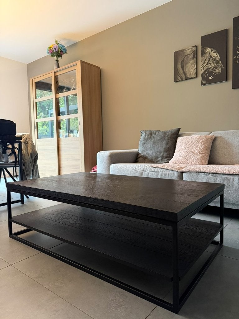 Zwarte salontafel met dubbel blad in massieve eik, Ophalen, 100 tot 150 cm, Eikenhout, 50 tot 100 cm