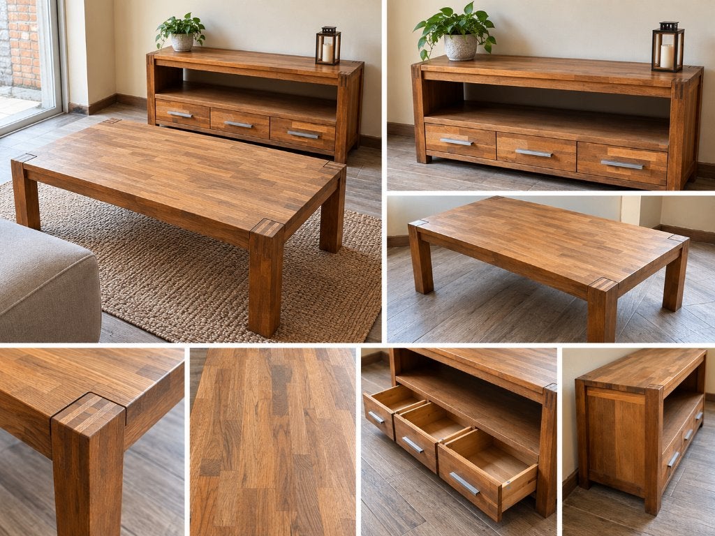 Meuble TV + table basse en bois massif – très belle qualité, Enlèvement, Utilisé, Comptenporain