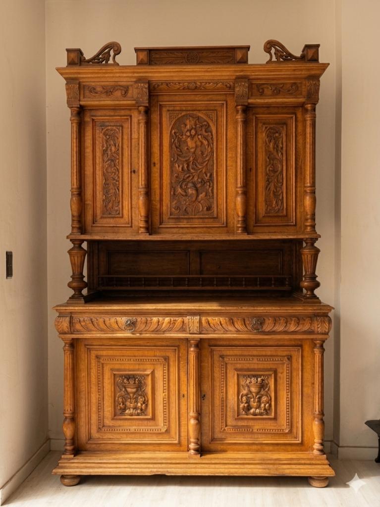 Buffet deux corps Henri II en chêne massif, Ophalen, Gebruikt