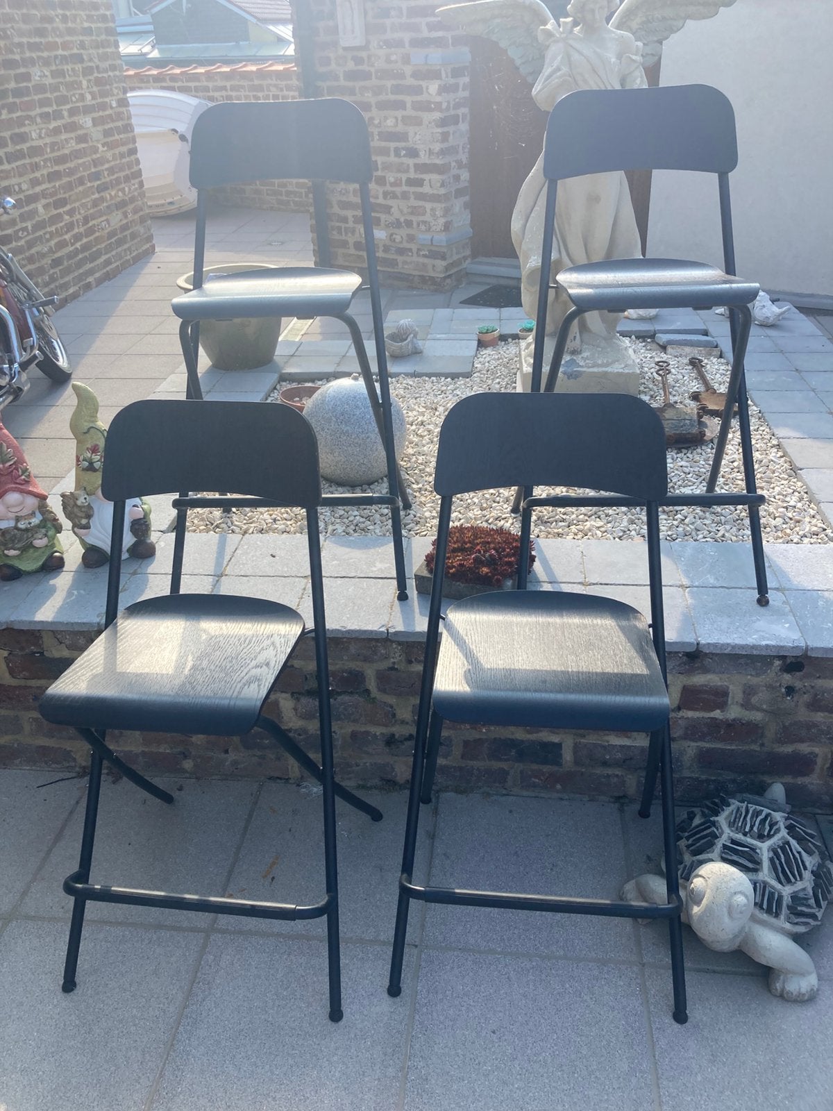 4 zwarte plooi bare barkukken houten zitting en ijzer frame, Huis en Inrichting, Barkrukken, Ophalen, Gebruikt