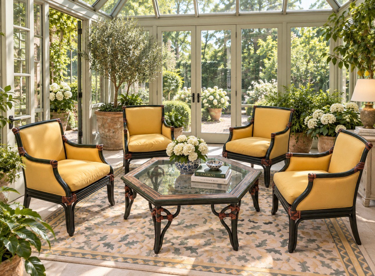 4 sièges avec 6 tables angulaires et tapis, Comme neuf, Bois, Sets de jardin, Enlèvement