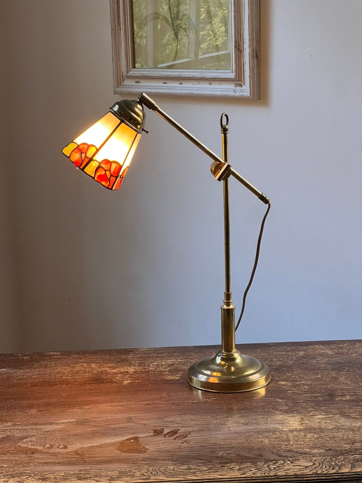 Belle lampe de bureau ajustable en laiton - Vitrail Tiffany, Réglable, Orange, Lampe de bureau, Comme neuf