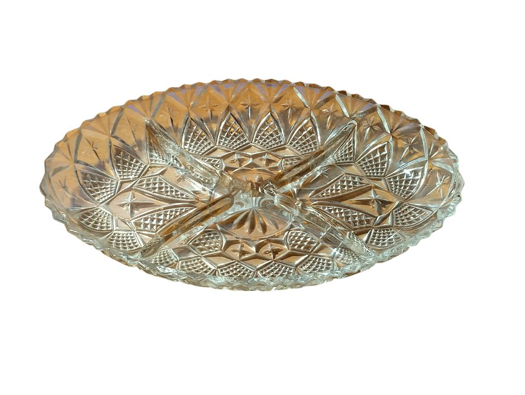 Plat à apéritif ovale en verre, 4 compartiments vintage 60, Antiquités & Art, Enlèvement
