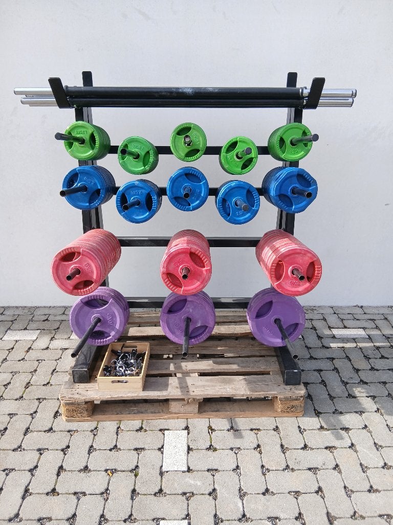 Body pump set met rek en sluitingen - Diverse gewichten, Sport en Fitness, Ophalen, Gebruikt, Benen, Halterschijven