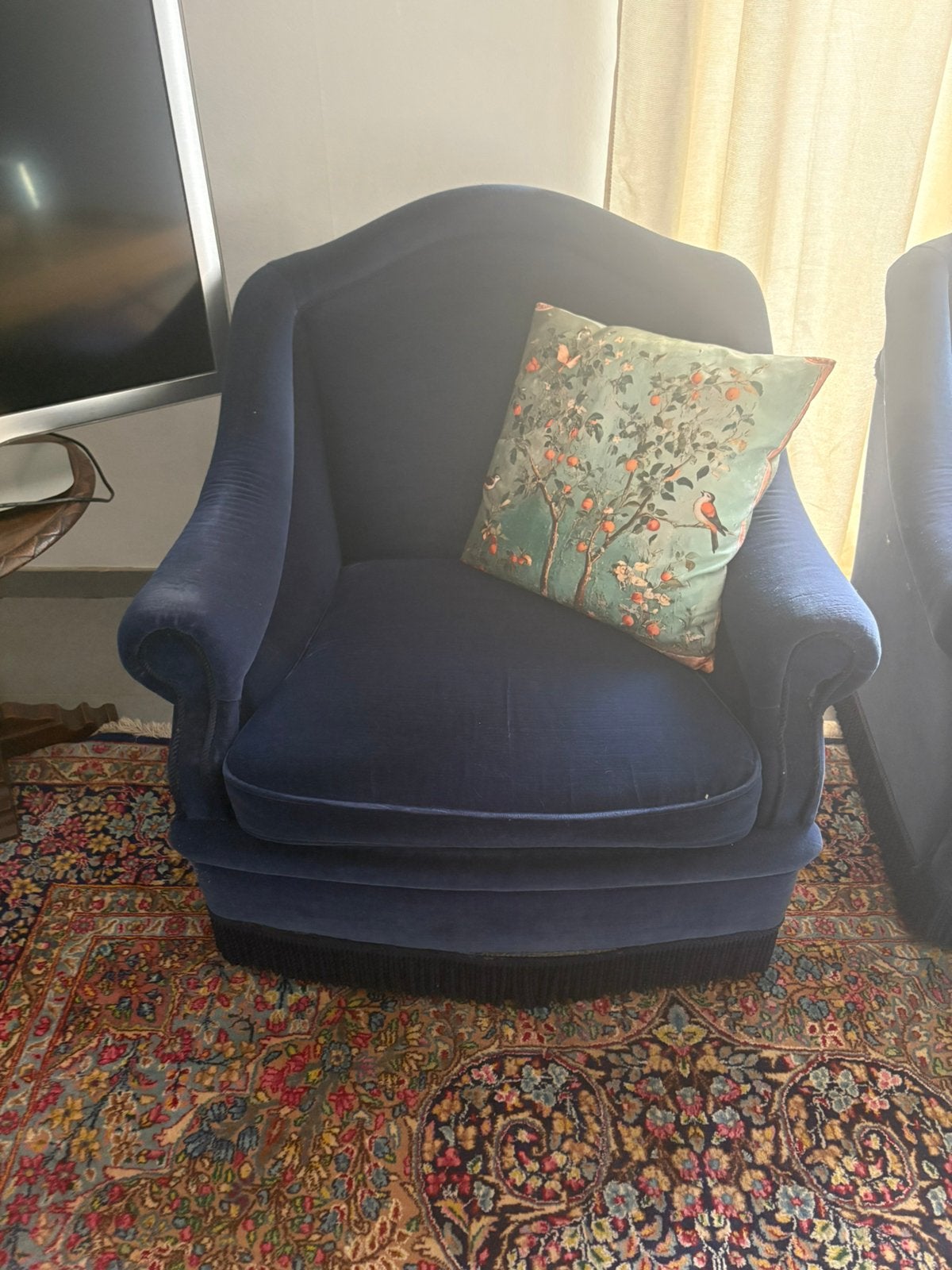 Twee blauwe velours zeteltjes, Huis en Inrichting, Fauteuils, Ophalen, Zo goed als nieuw