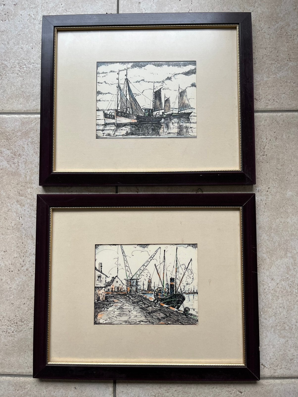 Twee pentekeningen, kader 33 cm x 27 cm., Antiquités & Art, Art | Dessins & Photographie, Enlèvement ou Envoi