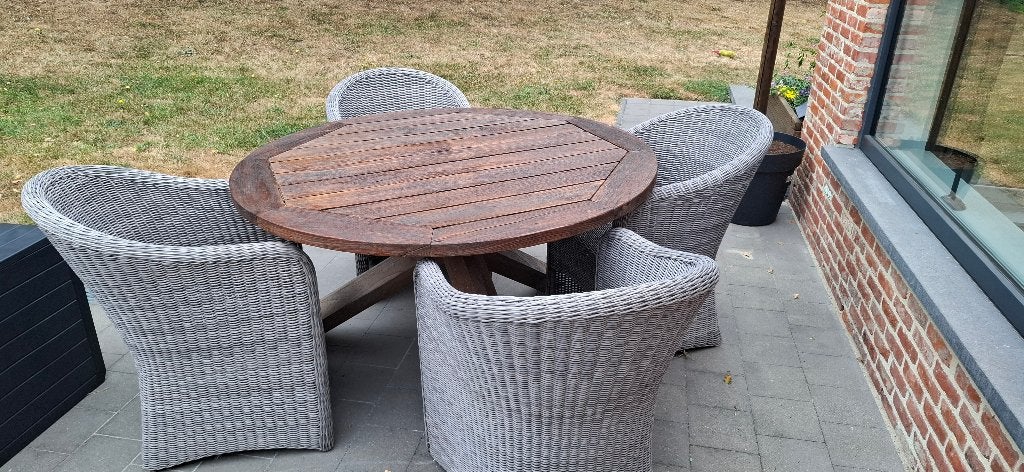 Ronde tuintafel met vier stoelen, Jardin & Terrasse, Tables de jardin, Enlèvement, Comme neuf, Rond, Bois