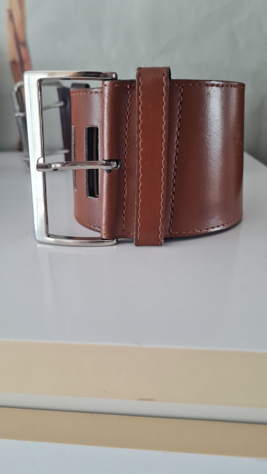 Ceinture cuir marron ajourée Richard Gampel Paris T80, Enlèvement ou Envoi, Ceinture