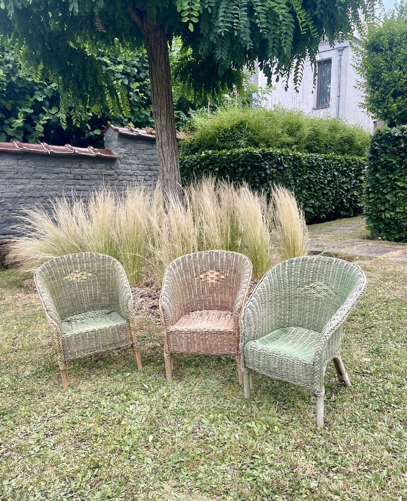 Lot de 3 PETITS FAUTEUILS en rotin pour enfants, Jardin & Terrasse, Chaises de jardin, Utilisé, Rotin, Empilable, Enlèvement