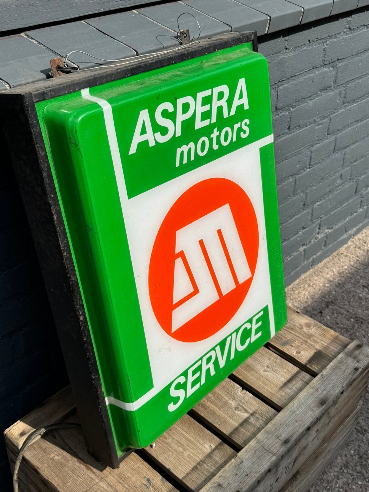 Aspera Motors 4T oude reclame lichtbak, Verzamelen, Ophalen, Gebruikt, ., Lichtbak of (neon) lamp