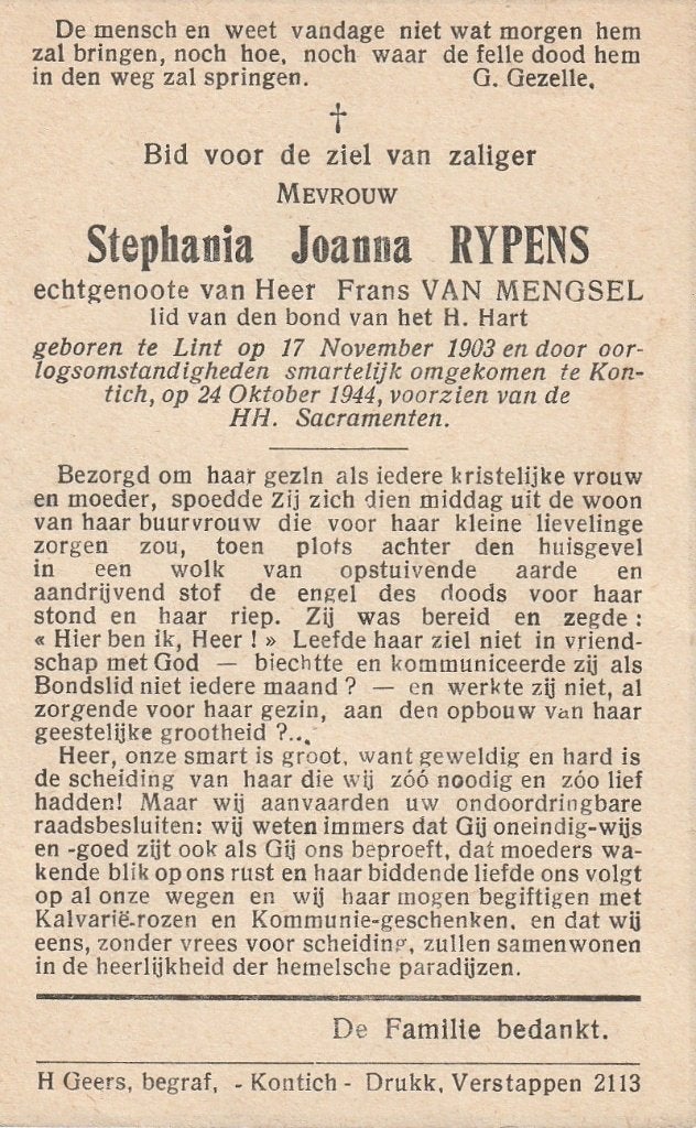 Oorlogsslachtoffer 40/45 Stephania Rypens, Collections, Images pieuses & Faire-part, Envoi