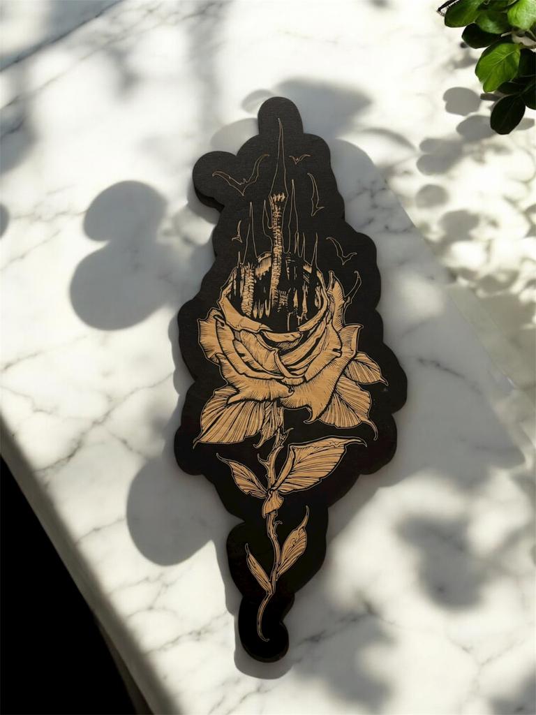 Style de tatouage de château de roses gravé sur bois, Bois, Enlèvement ou Envoi, Art deco, Fait main