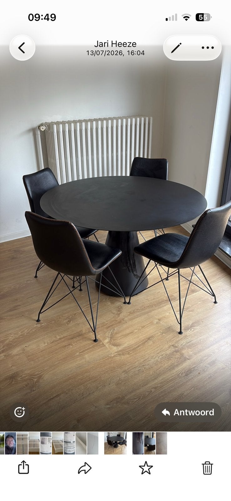 Ronde metalen eettafel Ø 120 cm met 4 stoelen, Ophalen, Gebruikt, Rond, Metaal