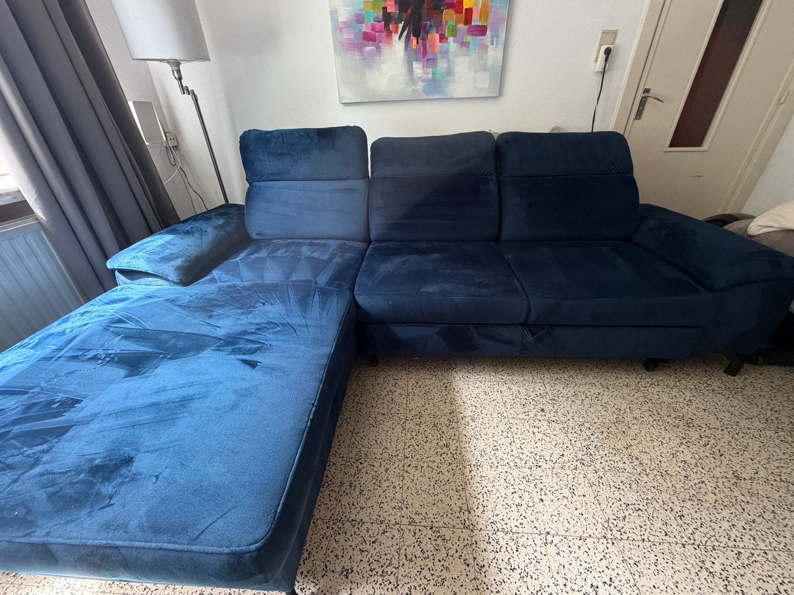 Blauwe lounge zetel 3 persoons, Enlèvement, Comme neuf, Tissus