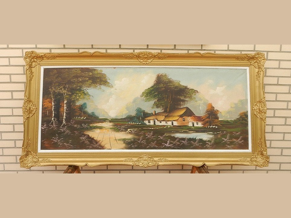Groot schilderij 'huisje in het bos', Ophalen, Doek, Bijzondere lijst, Landschap