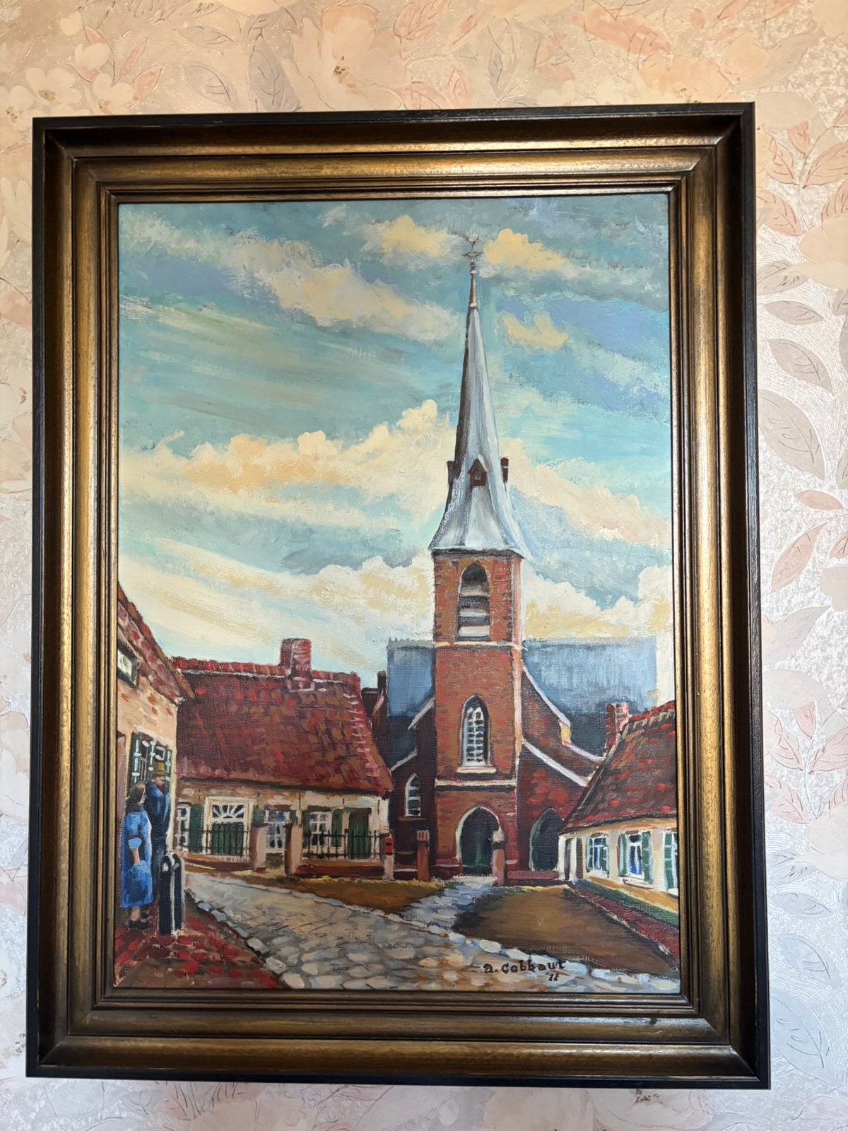 Schilderij kerk Moortsele, Antiquités & Art, Art | Peinture | Classique, Enlèvement, Classique, Signé, Paysage urbain / rural